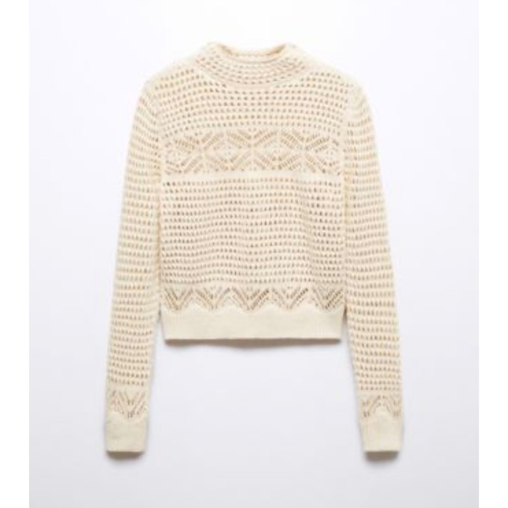 MNG Mango Women Cream Open Knit Crochet Mock Neck Cropped Sweater Small